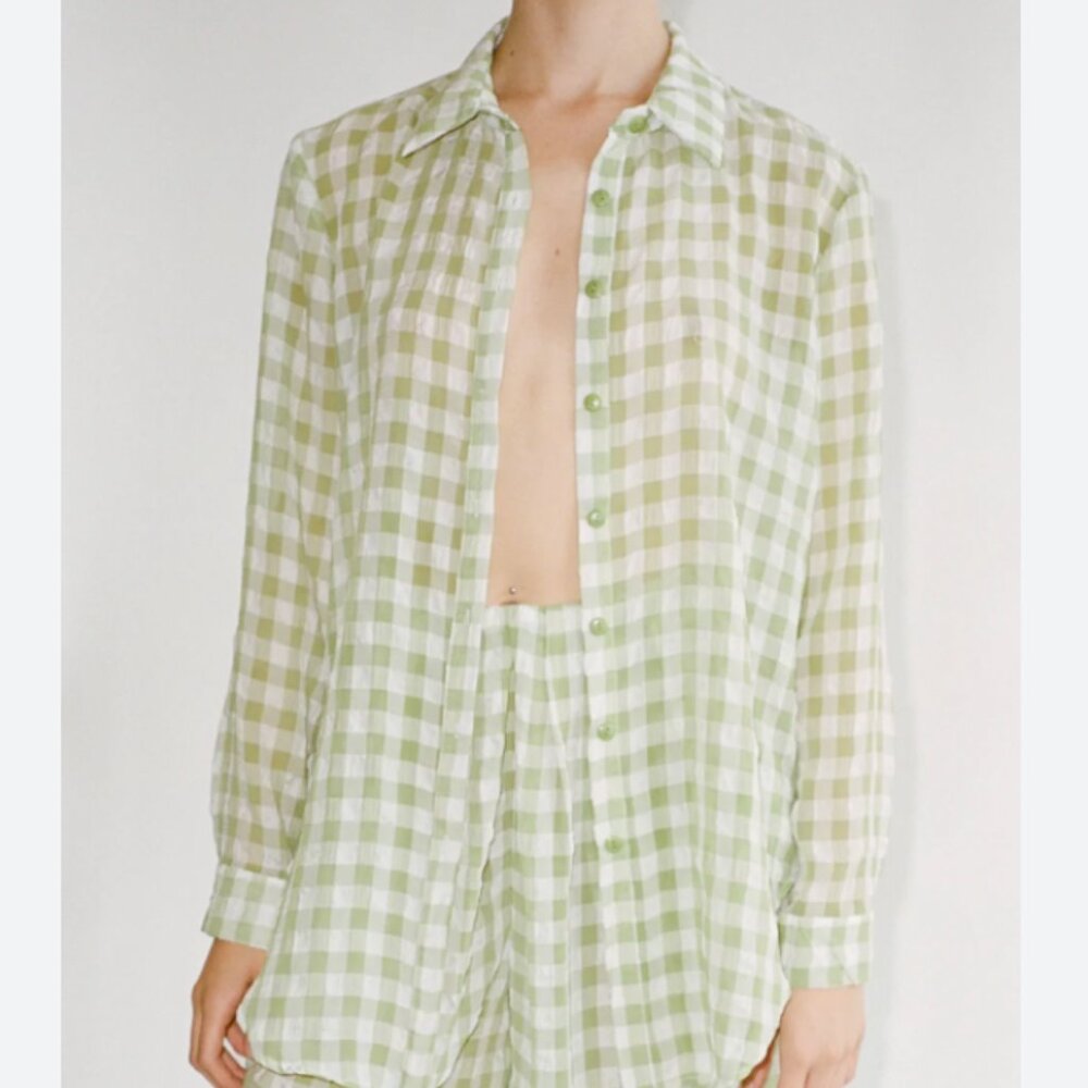 Lisa Says Gah Button Down Shirt tessa gingham textured womens Green White medium